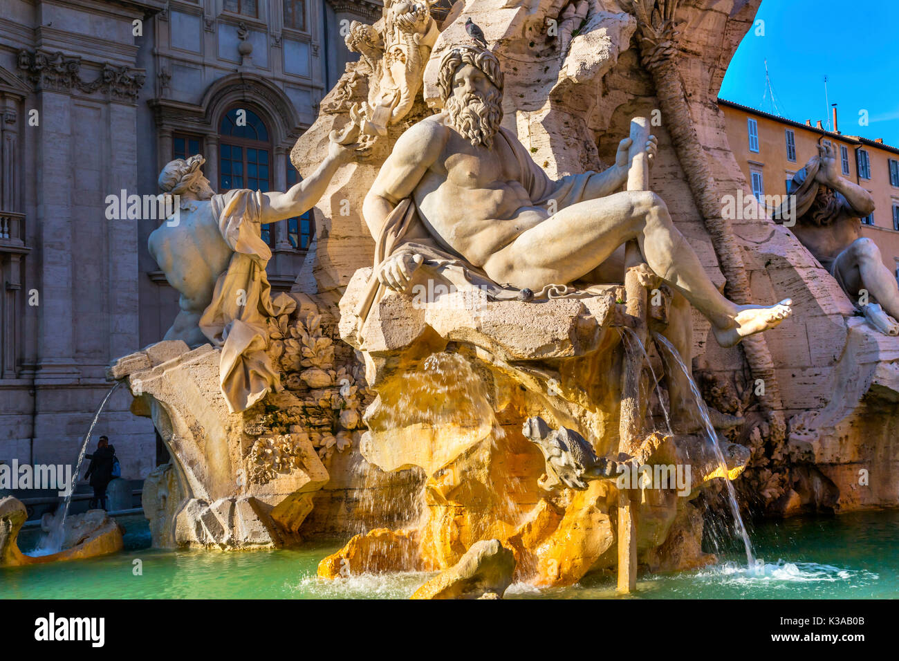 Bernini Fontana Quattro dei Fiumi Fountain of Four Rivers Ganges, Danube, Nile and Plate Piazza Navona Rome Italy.  Piazza site of Roman racetrack cre Stock Photo