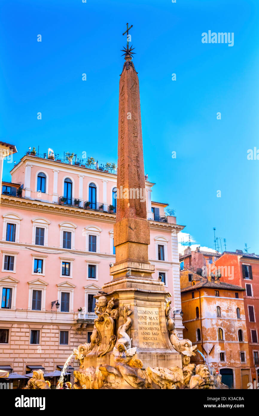 Egyptian Obelisk Della Porta Fountain Piazza della Rotunda Pantheon Rome Italy.  Fountain created in 1575 by Giacomo Della Porte.  Pantheon oldest Rom Stock Photo