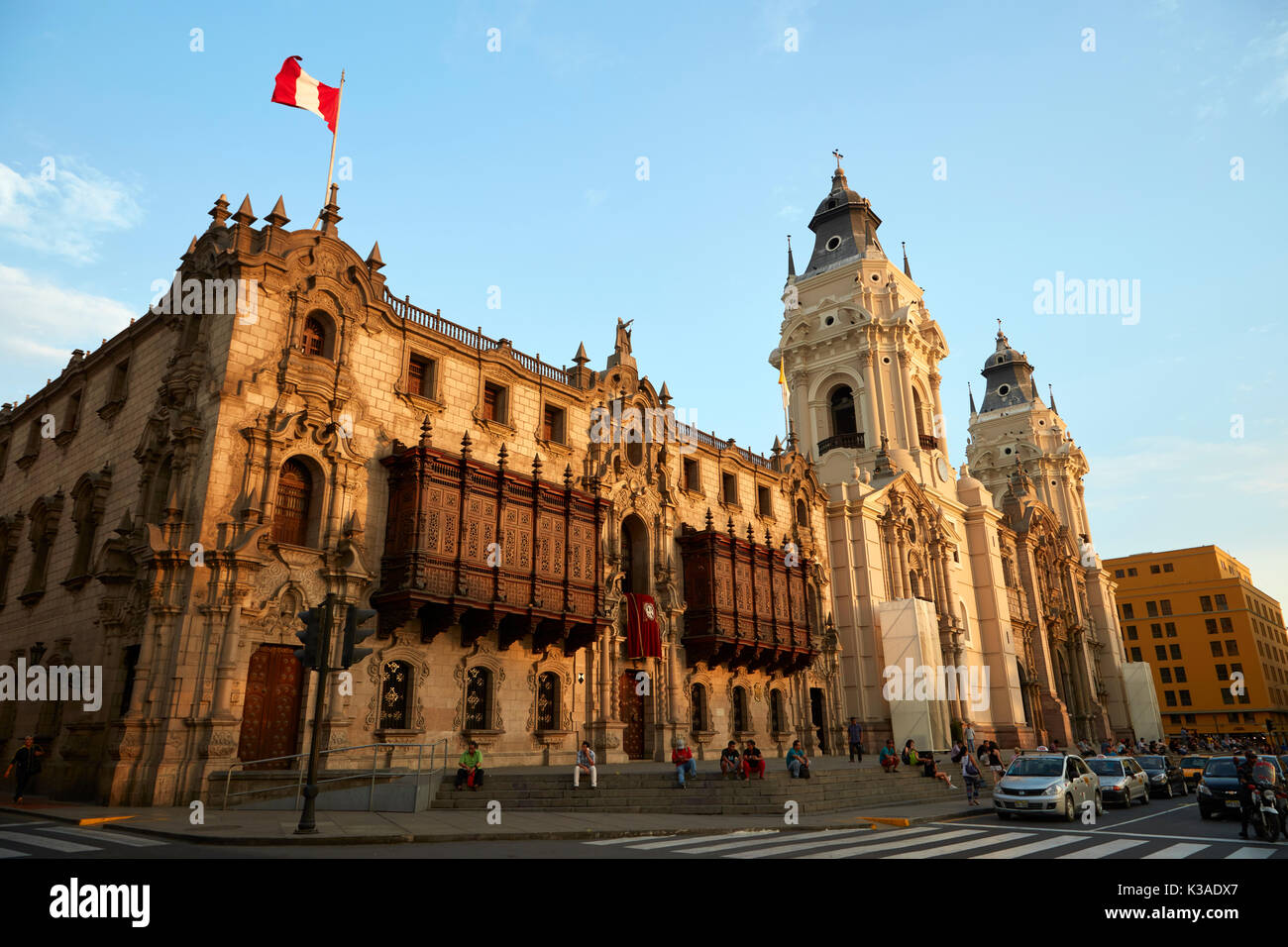 Archbishop's Palace and Cathedral Basilica of Lima (construction started 1535) Plaza Mayor, Historic centre of Lima (World Heritage Site), Peru, South Stock Photo