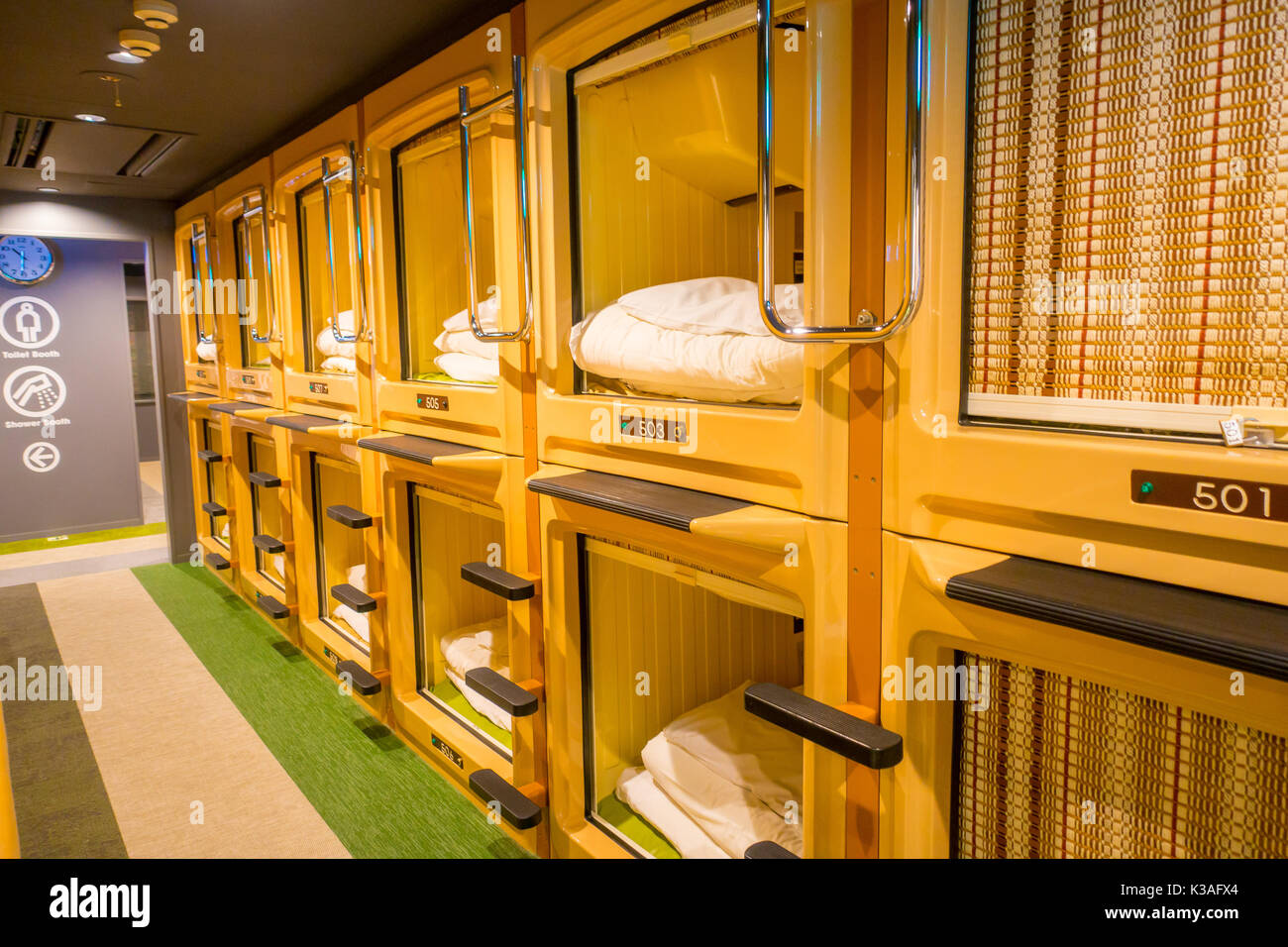 TOKYO, JAPAN JUNE 28 - 2017: Interior view of capsule hotel in city center. Capsule Hotels are less expensive structures very famous in Tokyo Stock Photo