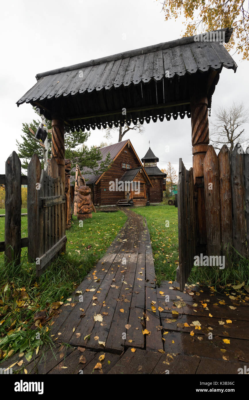 Wooden gate - entrance to Bystrinsky Ethnographic Museum in Bystrinsky Region on Kamchatka Peninsula. Stock Photo