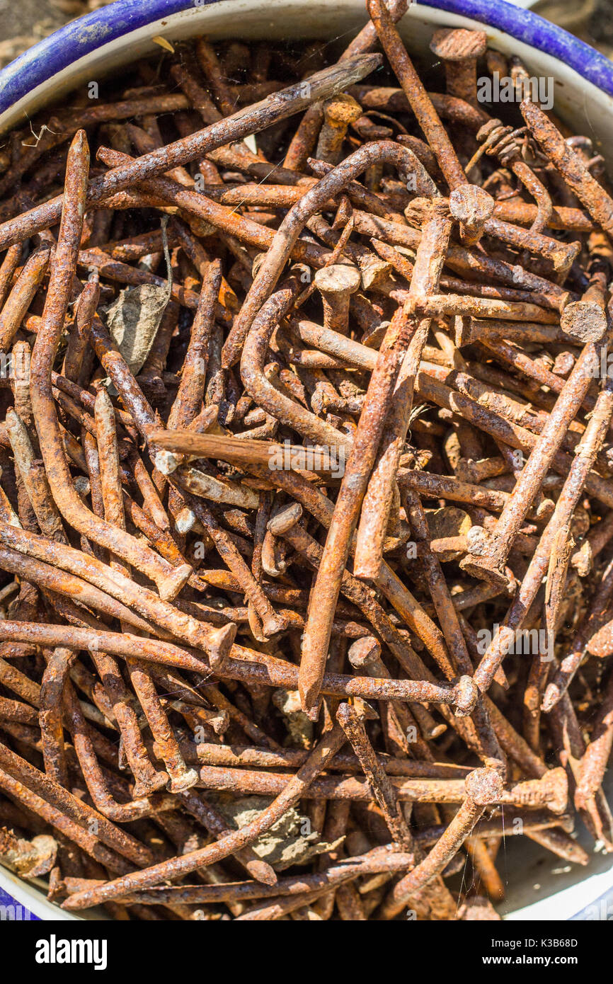 Old rusty iron nails of different sizes Stock Photo