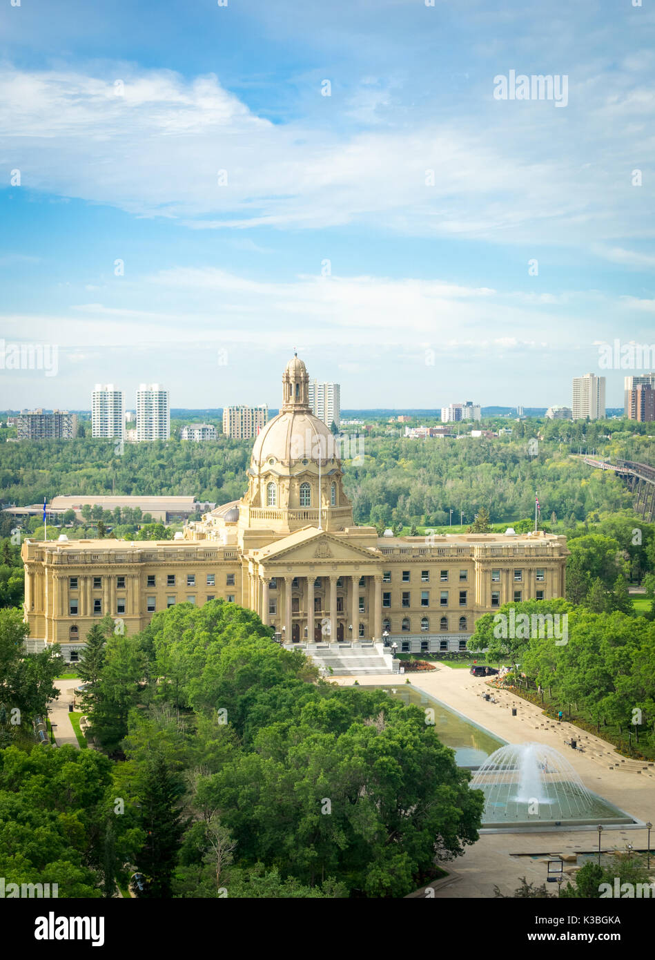 An aerial view of the Alberta Legislature Building, Alberta Legislature Grounds and High Level Bridge in Edmonton, Canada. Stock Photo