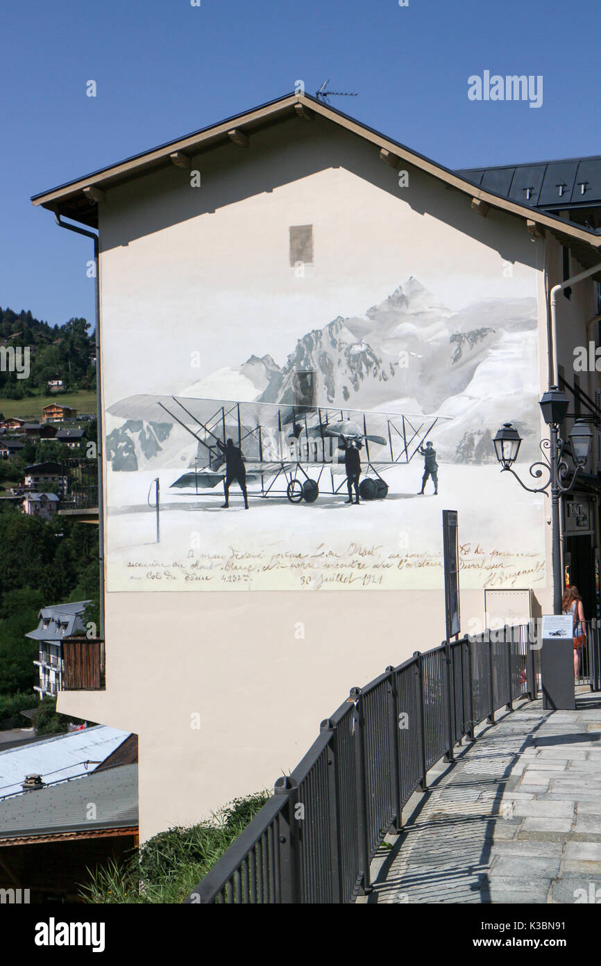 Reproduction of an old post-card celebrating the first landing of an aircraft in Mont Blanc Stock Photo