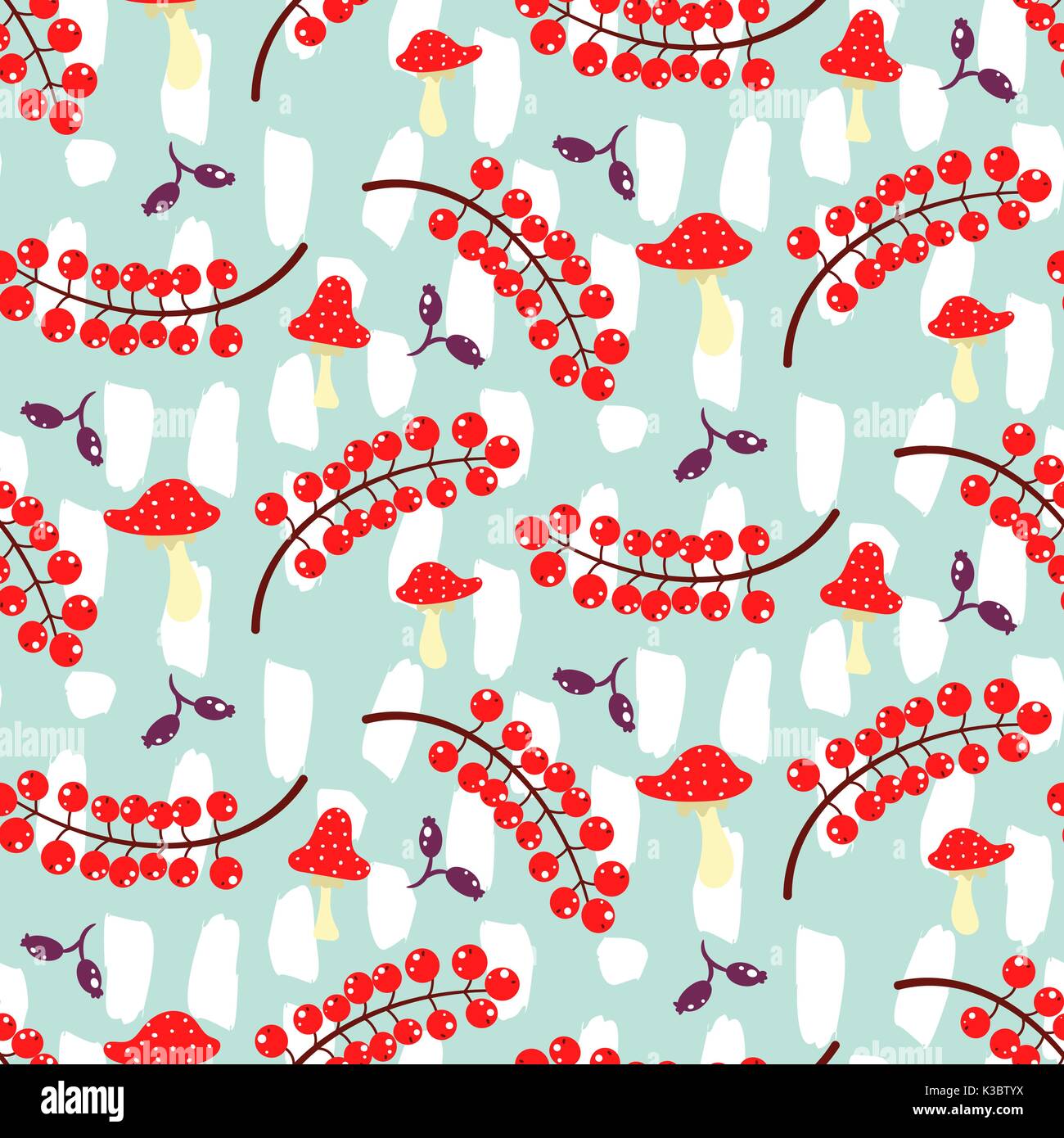 Red currant and amanita on blue seamless vector pattern. Stock Vector