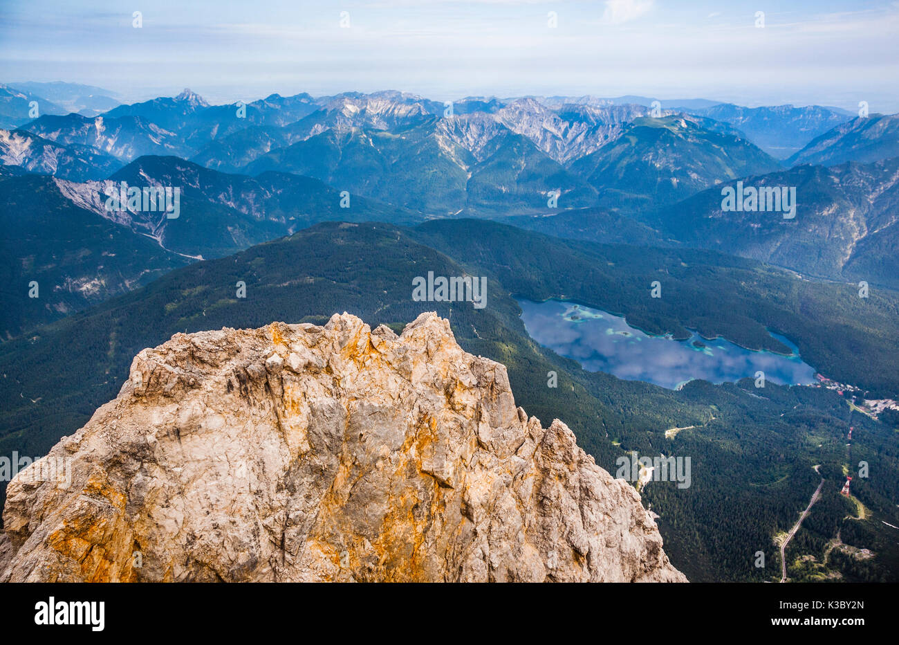 View of lake Eibsee from Zugspitze, Alps, Bavaria, Germany Stock Photo