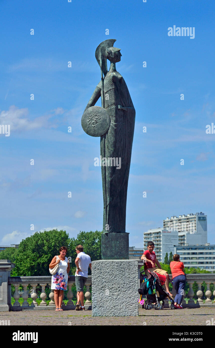Antwerp, Belgium. Statue of Minerva (1956, Marcello Mascherini) on the Steenplein by the river Stock Photo