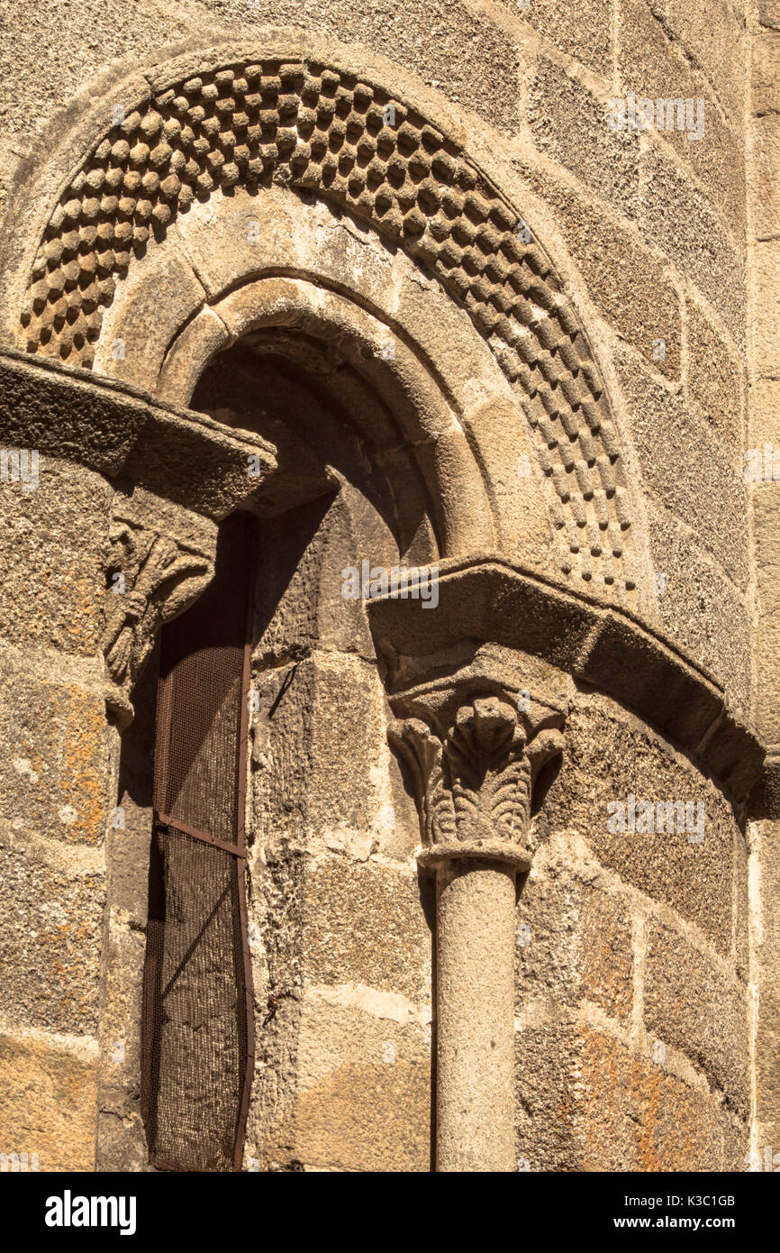 romanesque church with an arch and a corinthian column in Galicia Spain, Santiago church in Ribadavia Stock Photo