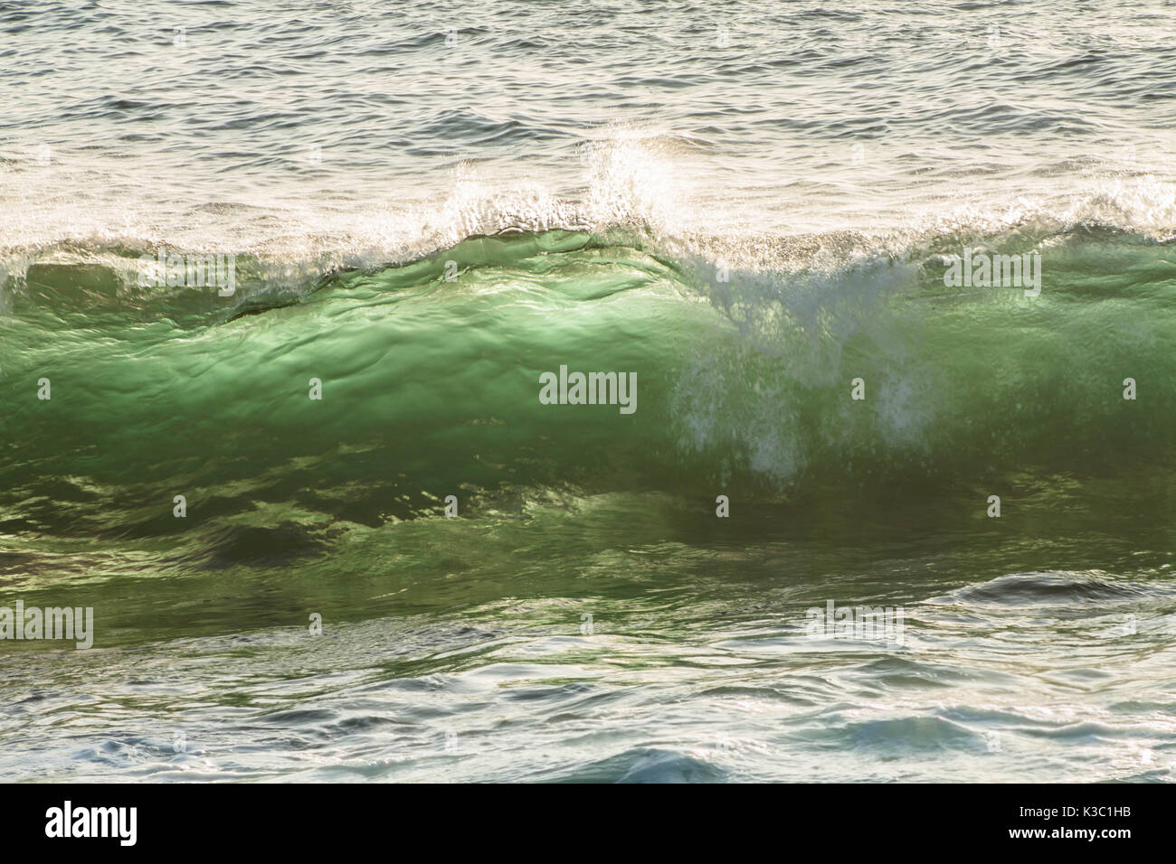 Sea wave close up with transparent green water and bright sunset light Stock Photo