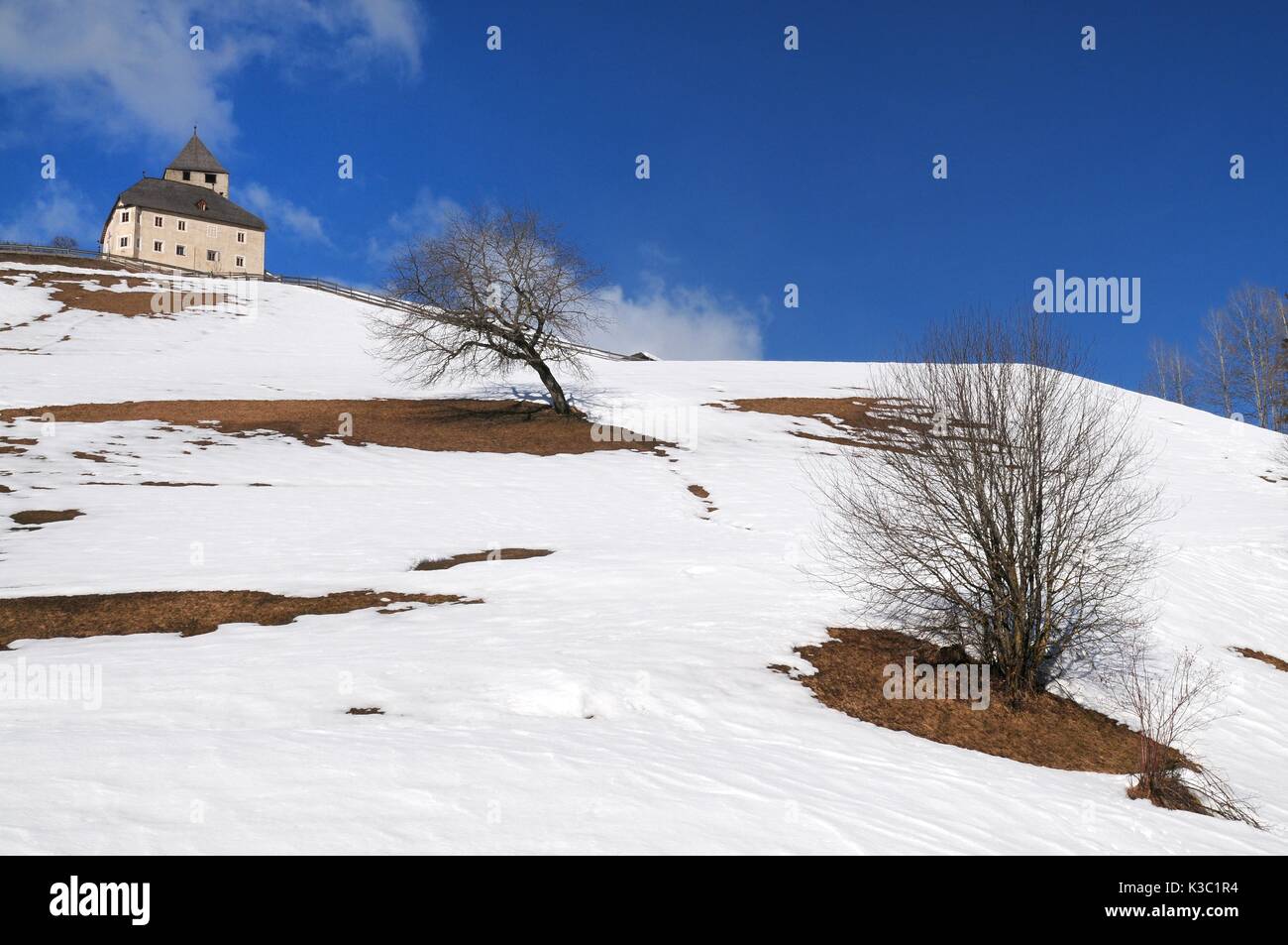 Ciastel de Tor, San Martino in Badia, Alta Badia, Italy. Winter Season. Stock Photo