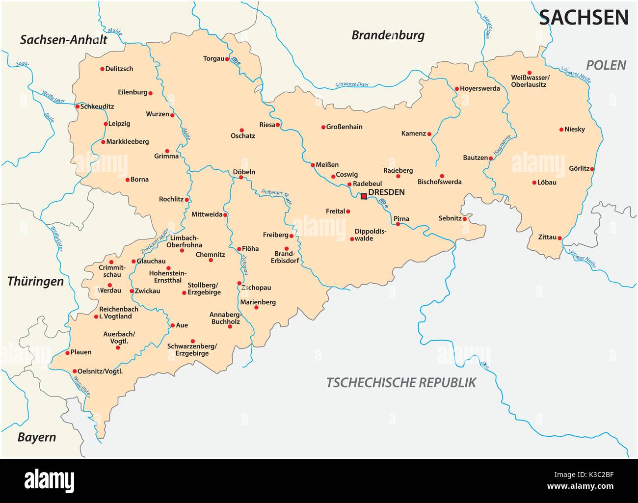 Map of the state Saxony with the most important cities Stock Vector