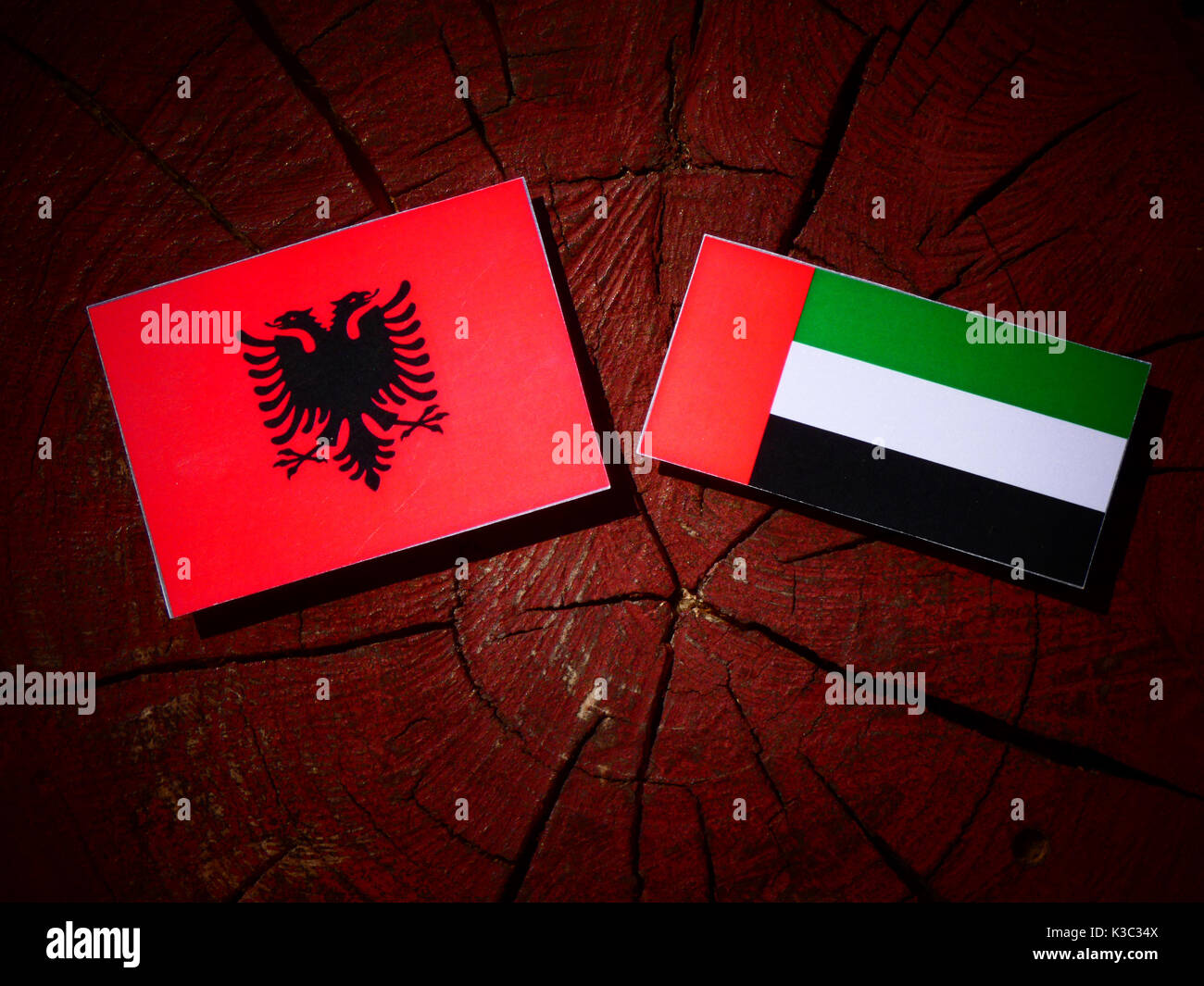 Albanian flag with United Arab Emirates flag on a tree stump isolated Stock Photo