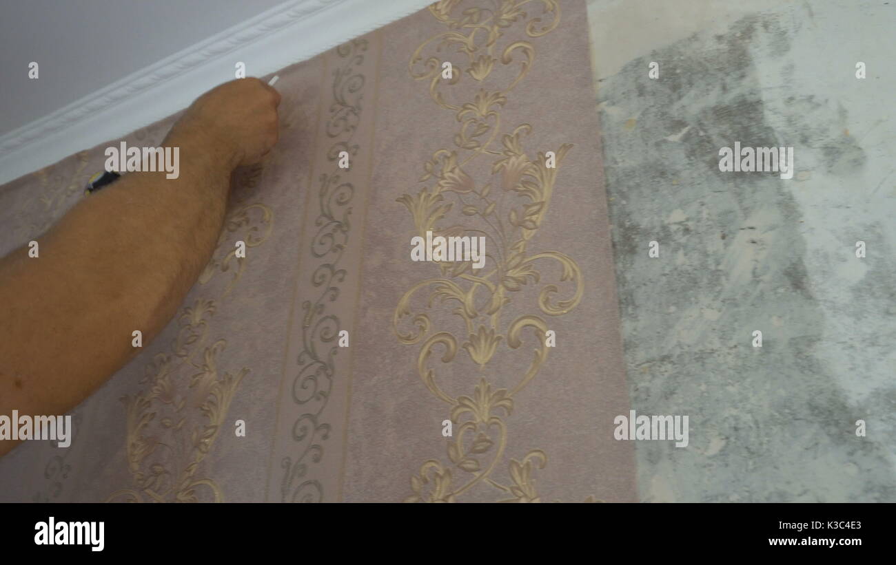 the process of gluing Wallpaper on the wall,the hand of the worker to