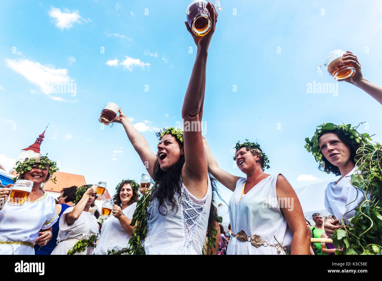 Gods and the goddess of hops visited and opened the Czech beer festival, Jevisovice, Czech Republic enjoying beers Stock Photo