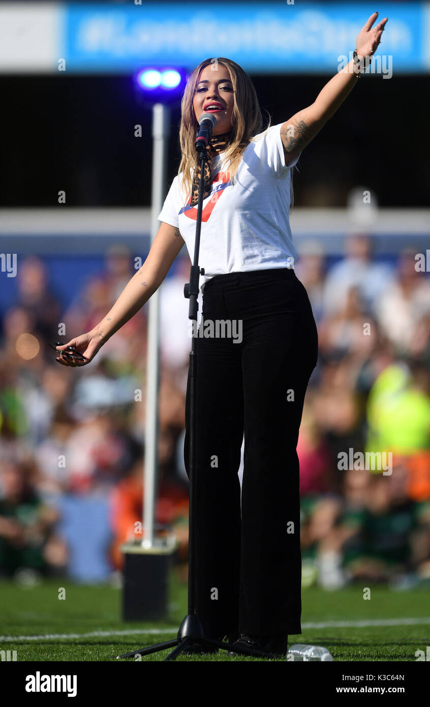 Rita Ora performing at half time during Game4Grenfell, a charity