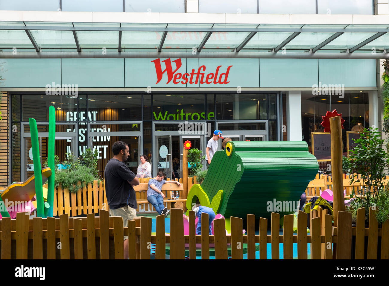 Playground, play area for young children located outside the westfield shopping mall, stratford, london, uk Stock Photo