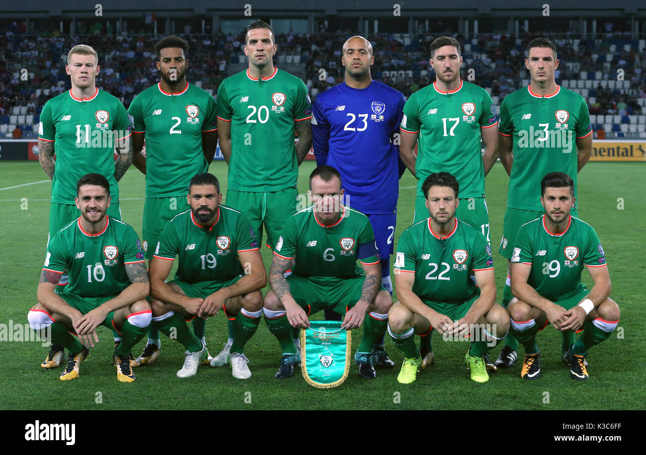 Back Row: (left-right) Republic of Ireland's James McClean, Cyrus Christie, Shane Duffy, Darren Randolph, Stephen Ward and Alex Pearce. Front Row: Robbie Brady, Jonathan Walters, Glenn Whelan and Harry Arter and Shane Long during the 2018 FIFA World Cup Qualifying, Group D match at the Boris Paichadze Stadium, Tbilisi. PRESS ASSOCIATION Photo. Picture date: Saturday September 2, 2017. See PA story soccer Georgia. Photo credit should read: Steven Paston/PA Wire. RESTRICTIONS: Editorial use only, No commercial use without prior permission Stock Photo