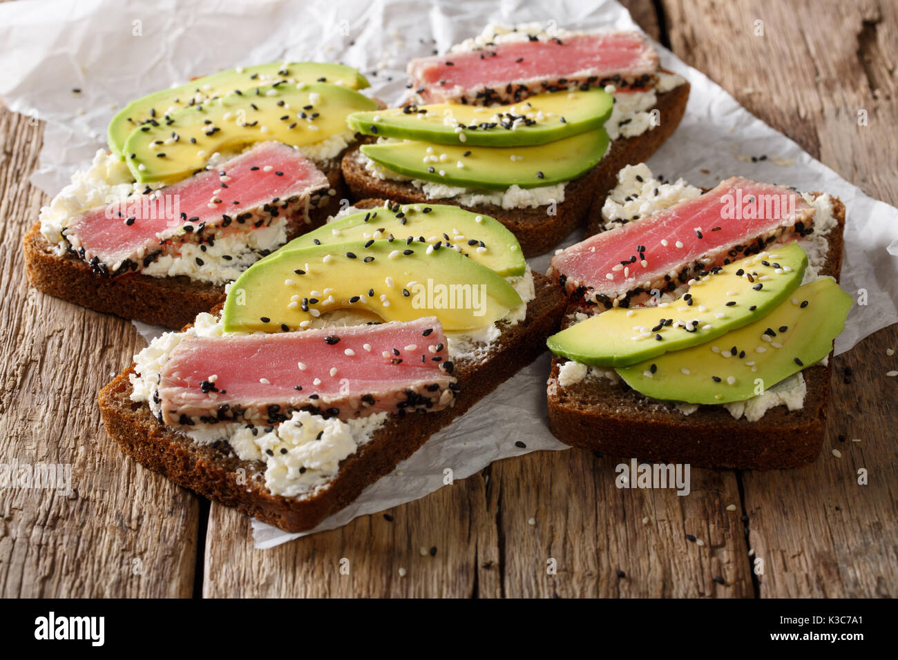 Delicious Sandwiches With Fried Tuna Sesame Avocado And Cottage