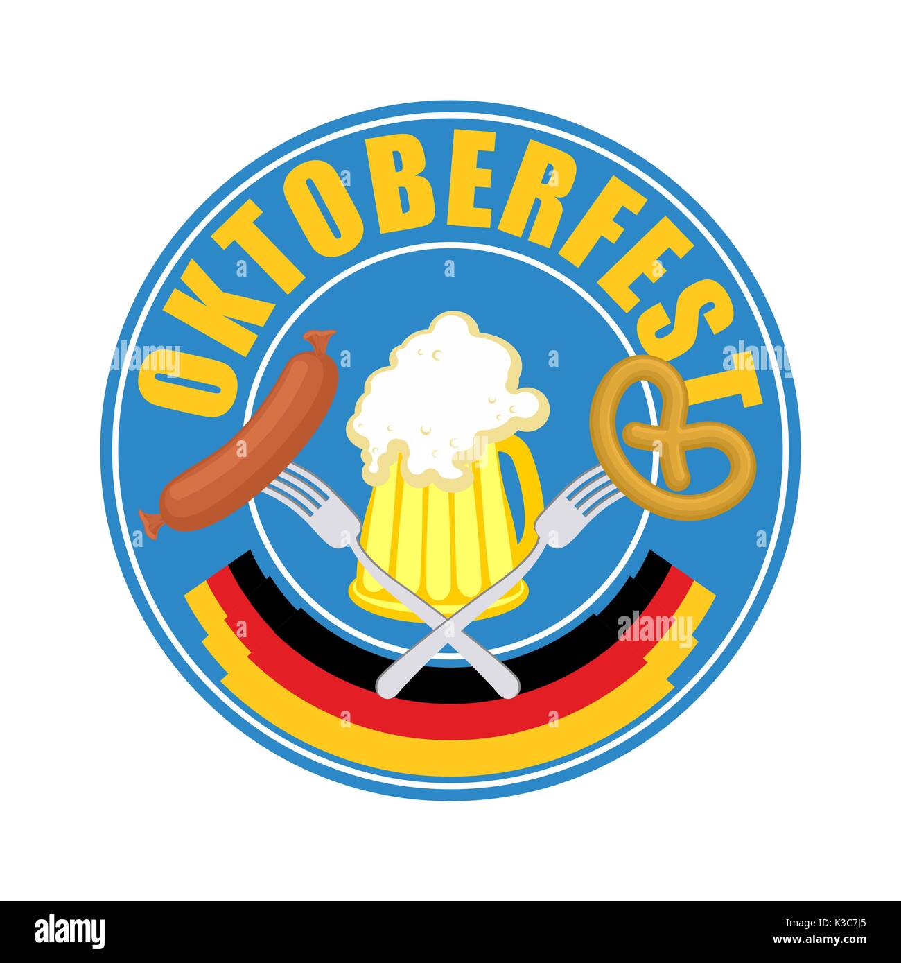 Oktoberfest symbol of beer, sausage and pretzel. Sign National Holiday of beer in Germany. Alcohol and cracker Stock Vector