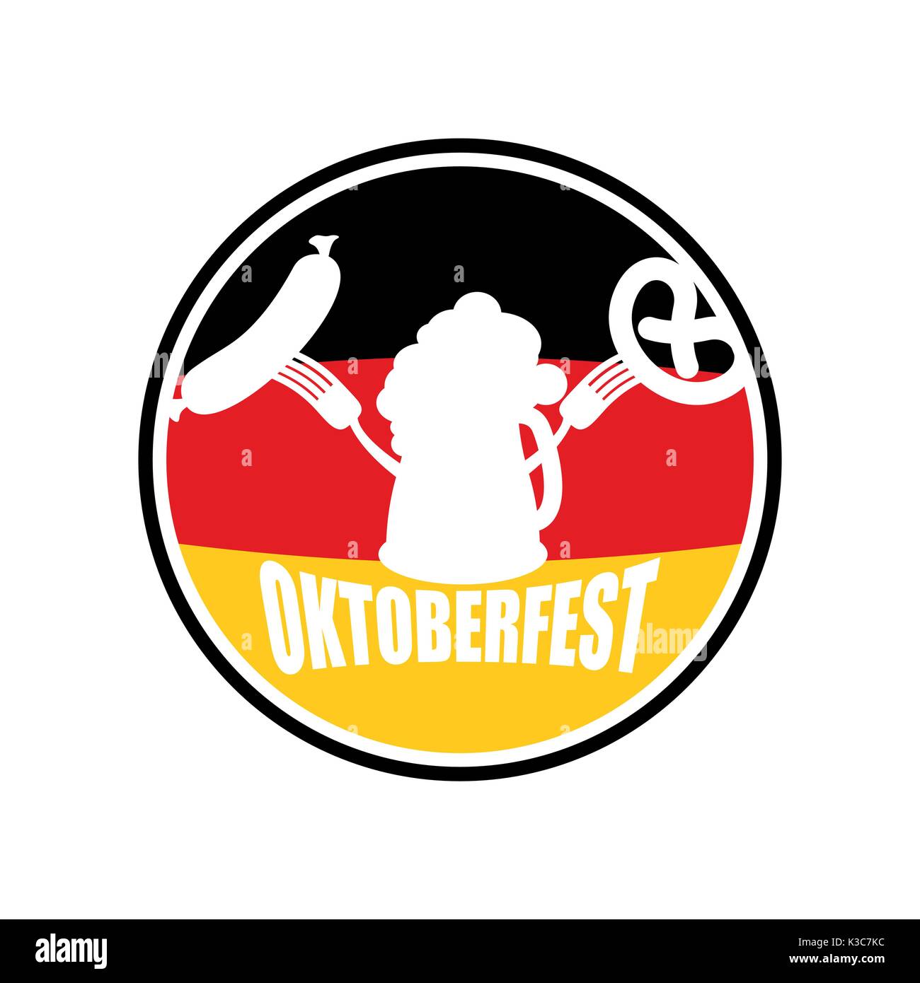 Oktoberfest symbol of beer, sausage and pretzel. Sign National Holiday of beer in Germany. Alcohol and cracker Stock Vector