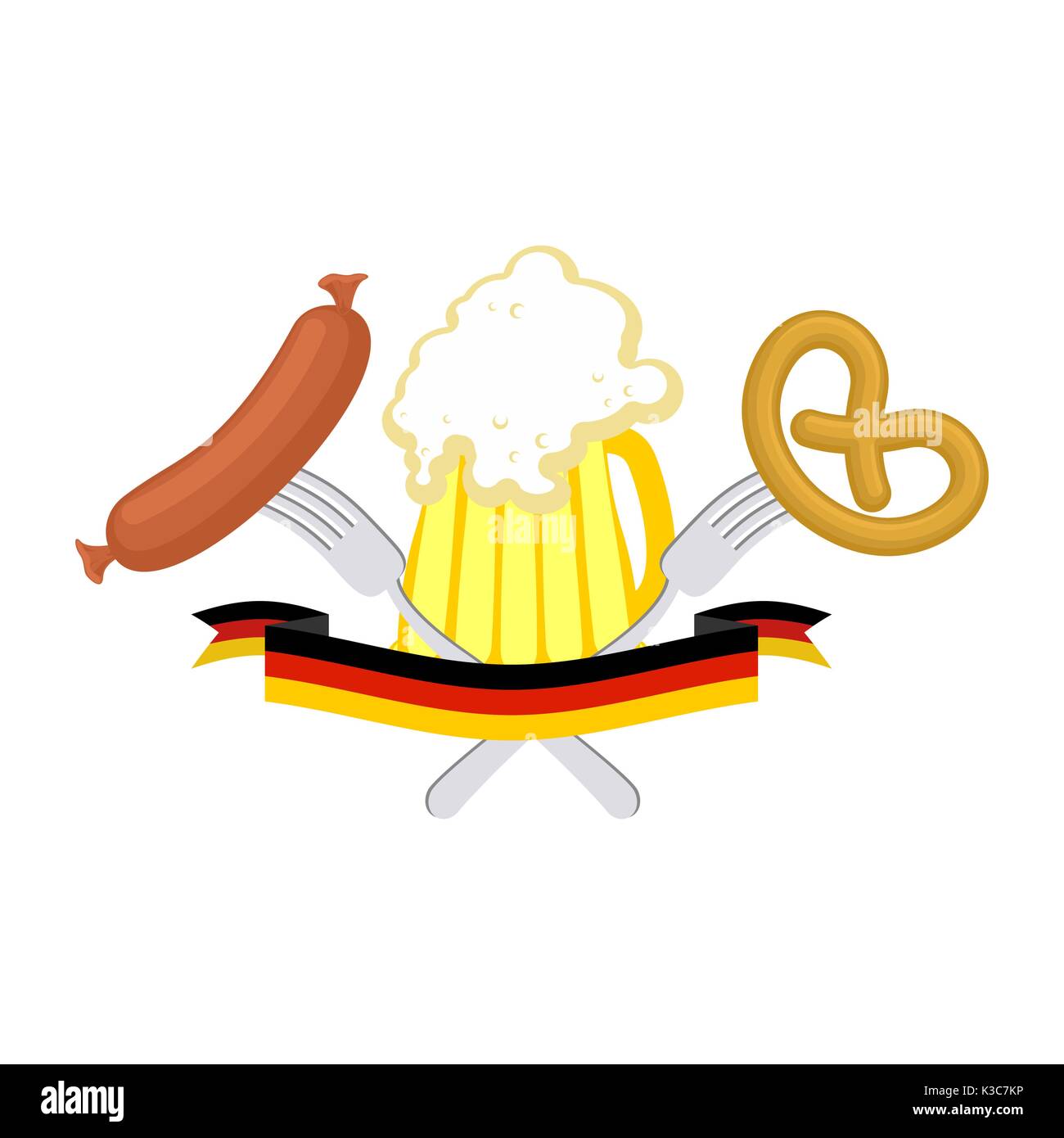 Oktoberfest symbol of beer, sausage and pretzel. Sign National Holiday of beer in Germany. Alcohol and cracker Stock Vector