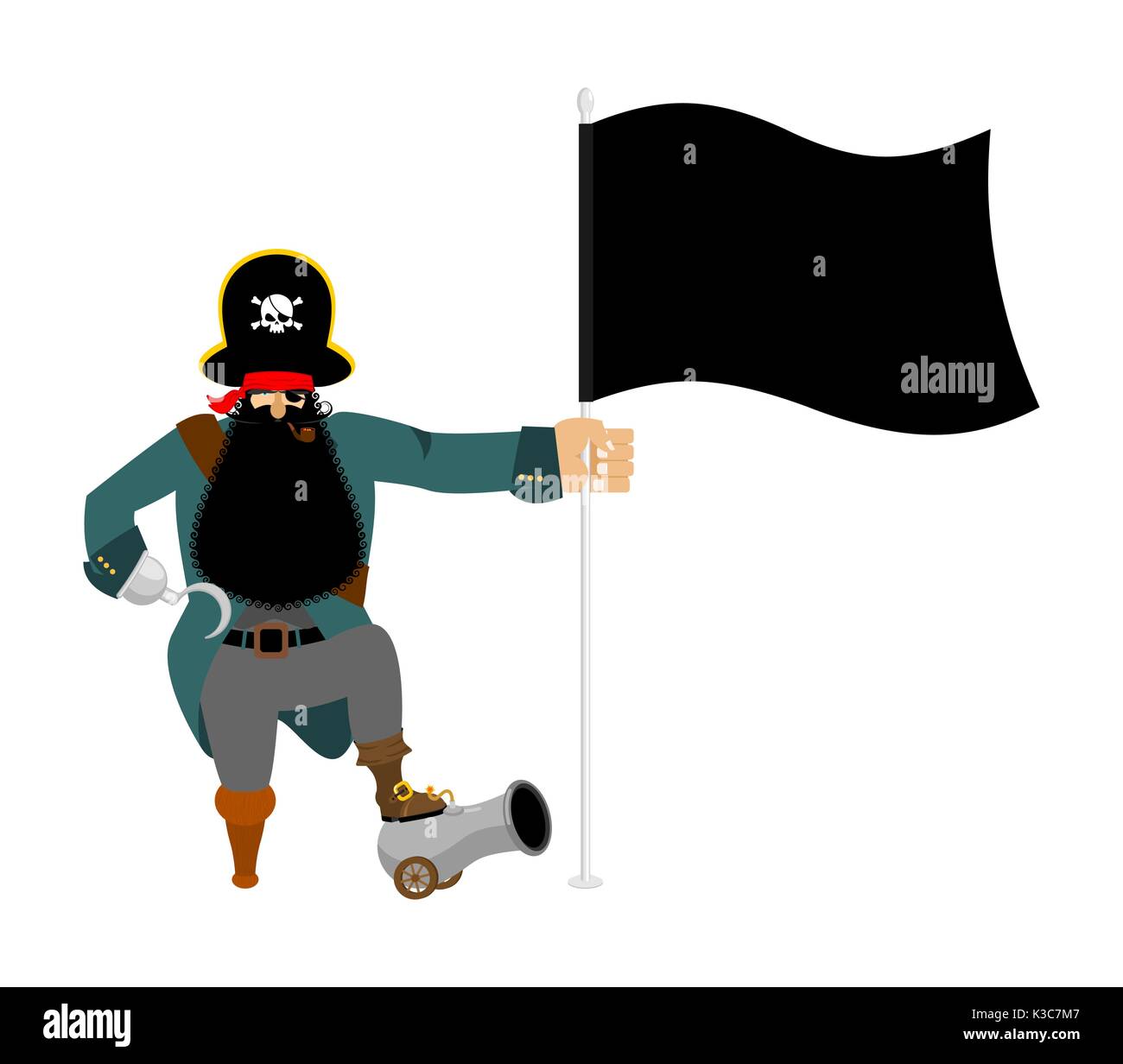 Pirate and flag. Eye patch and smoking pipe. filibuster cap. Bones and Skull. Head corsair black beard. buccaneer Wooden foot Stock Vector