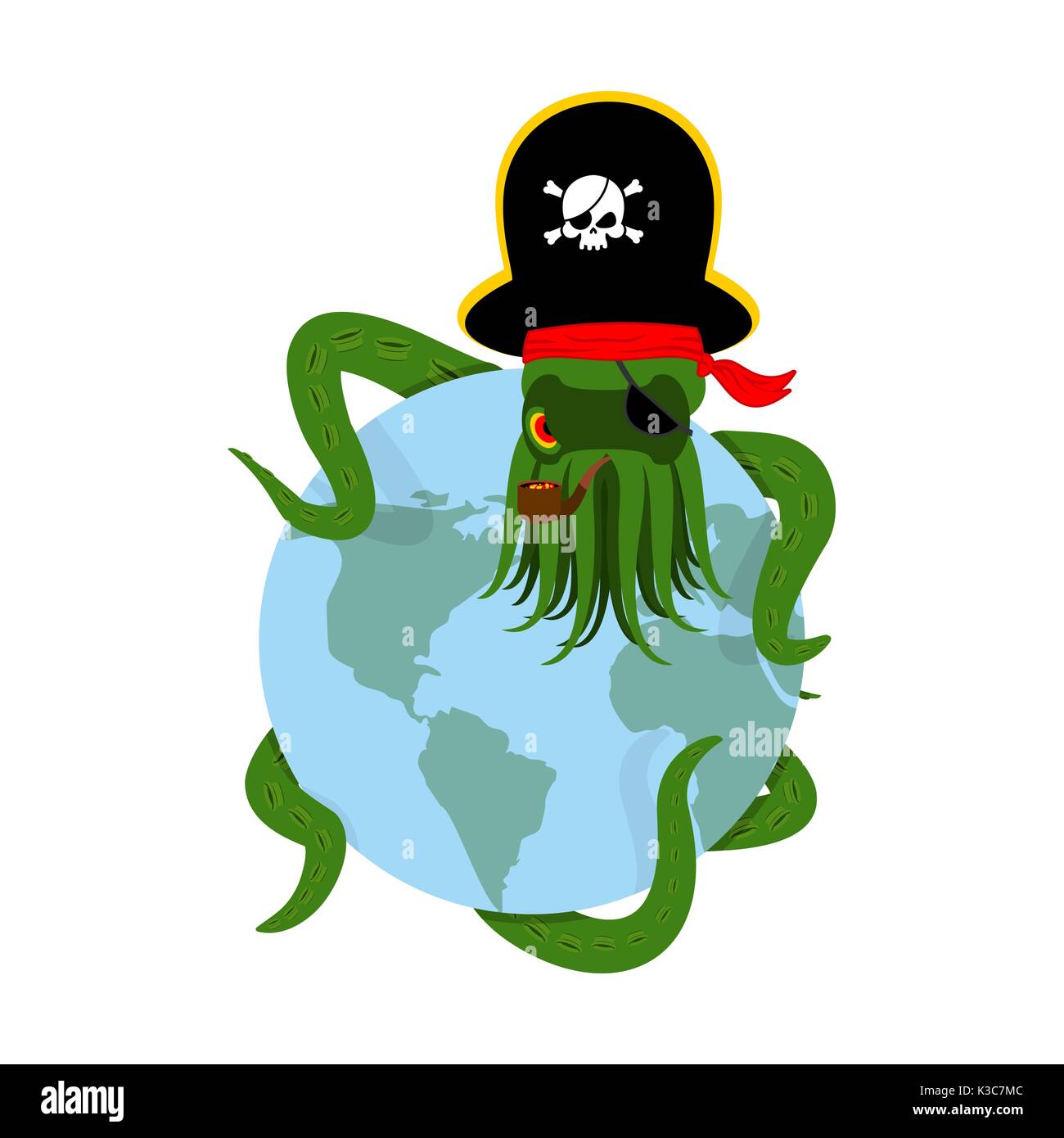Octopus pirate and earth. poulpe buccaneer and planet. Eye patch and smoking pipe. pirates cap. Bones and See animal filibuster Stock Vector