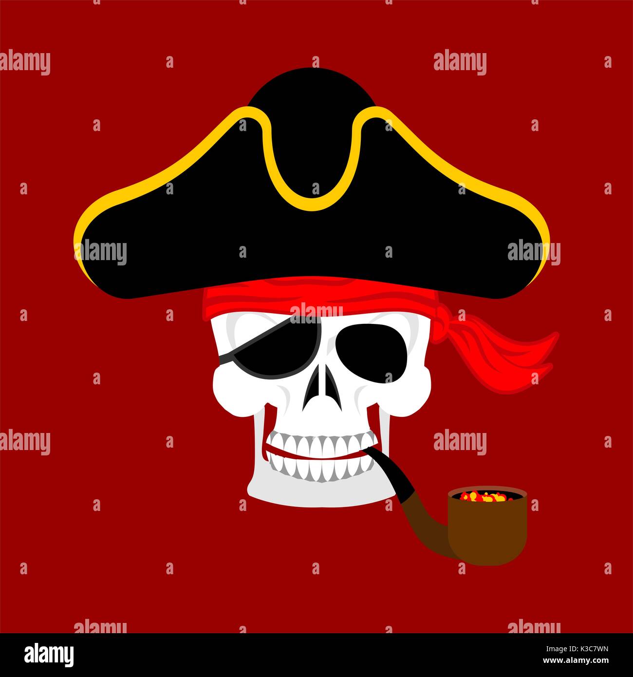 Skull pirate portrait in hat. Eye patch. filibuster cap. skeleton corsair Stock Vector