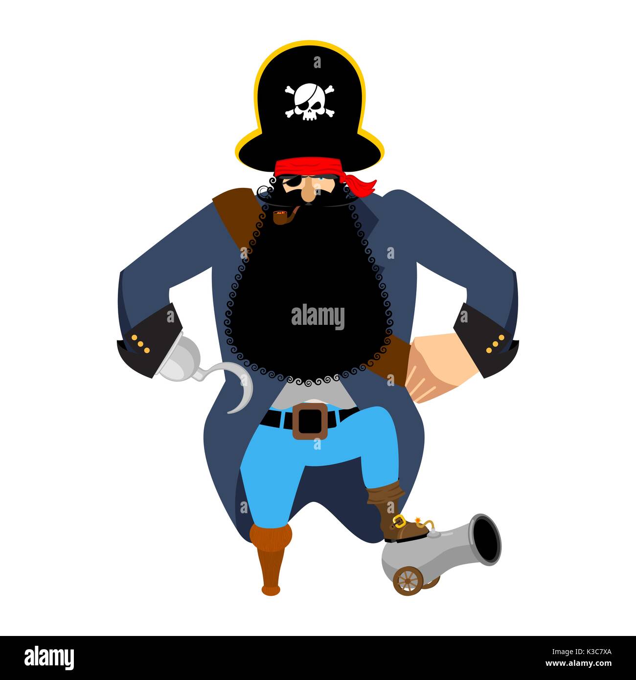 Pirate Hook and cannon. Eye patch and smoking pipe. filibuster cap