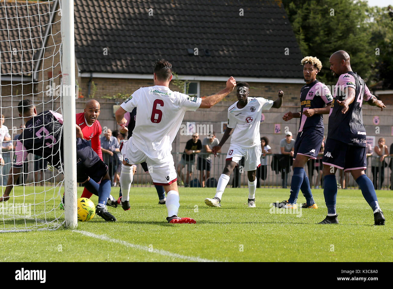 Ollie Rowe of Hastings scores the first goal for his team and ...