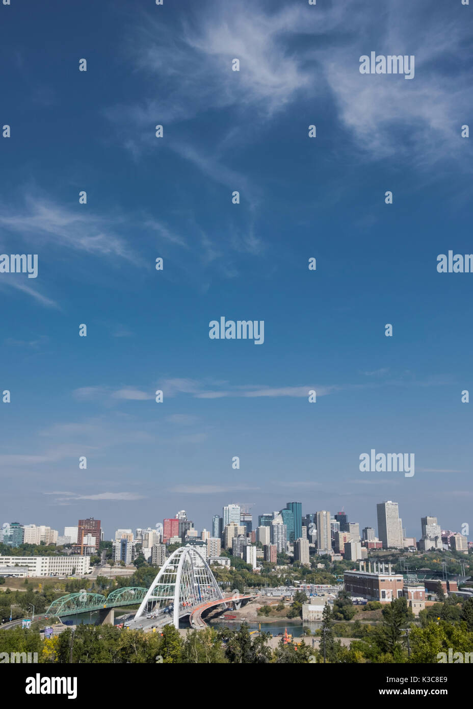 Skyline of Downtown Edmonton, Alberta, Canada with blue sky. Stock Photo