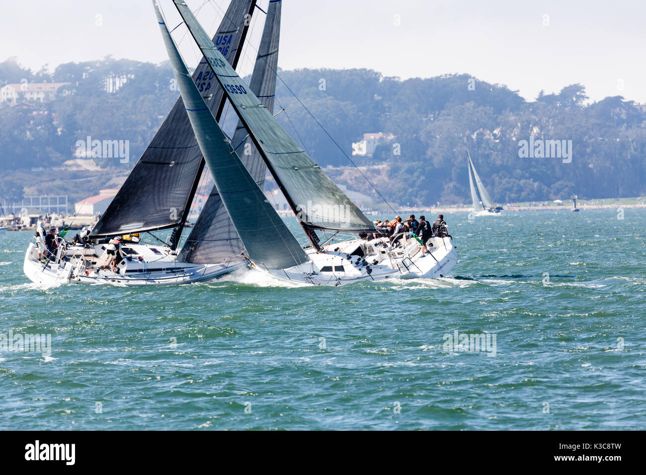 Two sailboats collide during regatta in San Francisco Bay Stock Photo