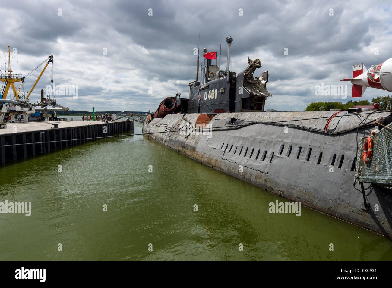 PEENEMUENDE, GERMANY - JULY 18, 2017: The Peenemuende seaport on the Baltic Sea island of Usedom and the Soviet Juliett-class submarine K-24 (U461). Stock Photo