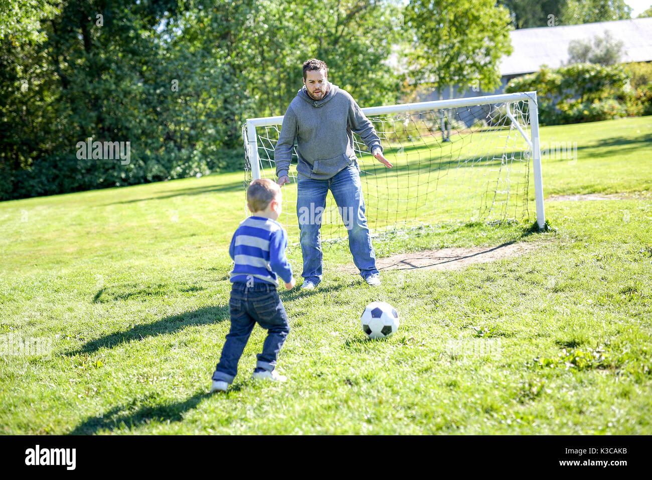 Father and Son Playing Ball in The Park Stock Photo