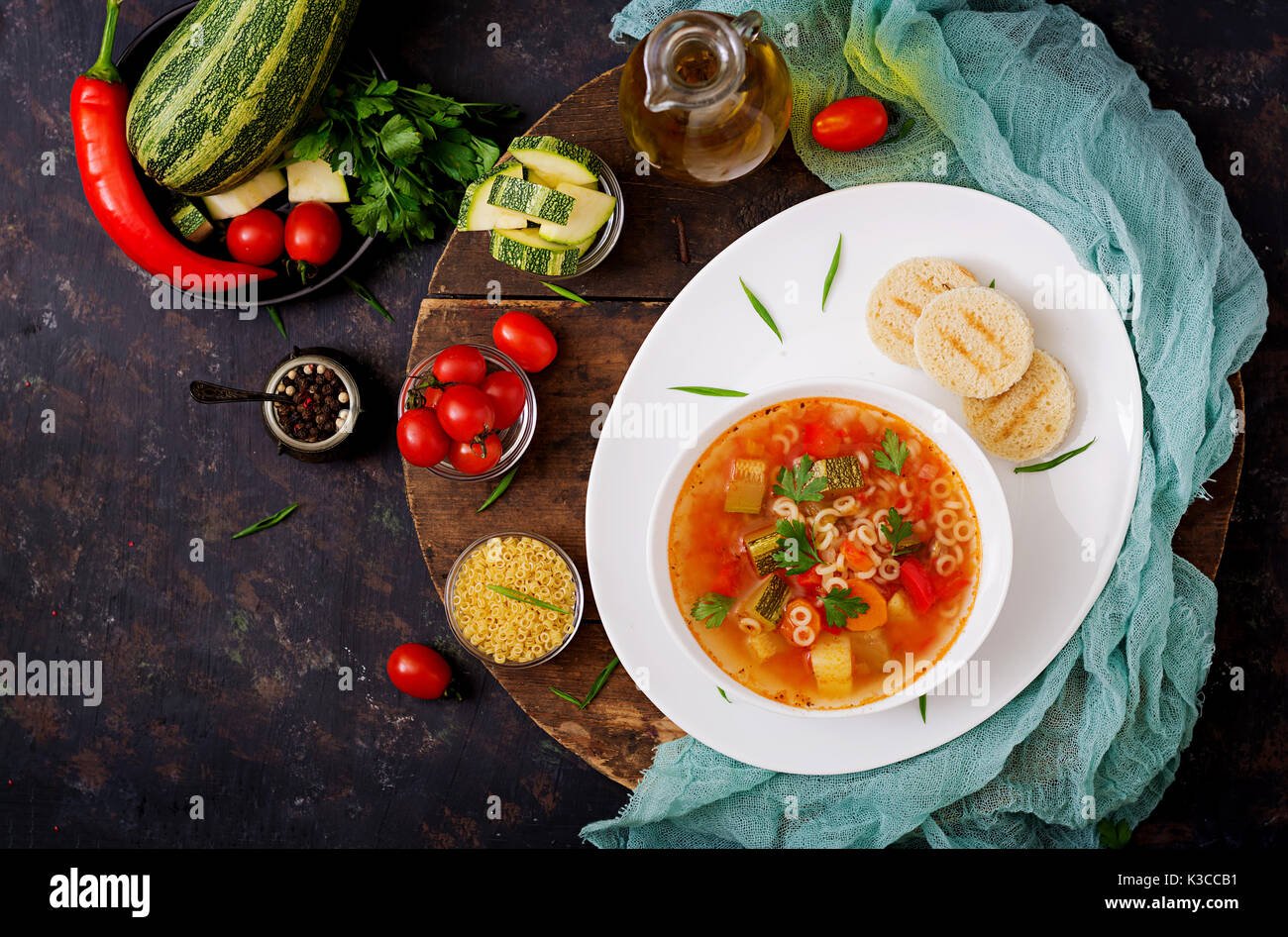 Minestrone "big soup", soup with many ingredients a dish of Italian cuisine, light seasonal