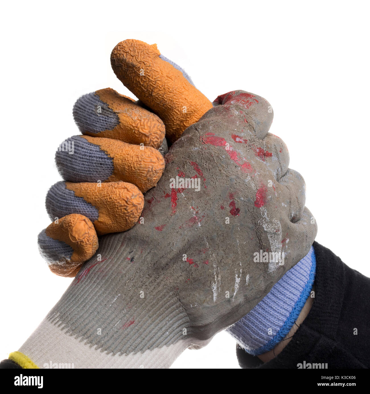 Isolated workers hands shaking hands and wearing gloves. Stock Photo