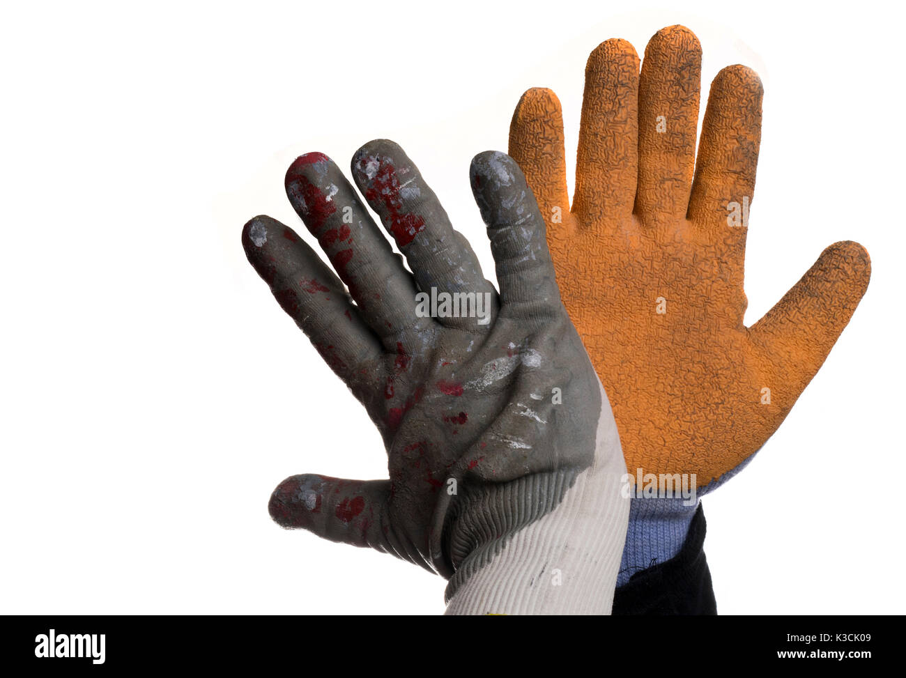 Isolated workers hands shaking hands and wearing gloves. Stock Photo