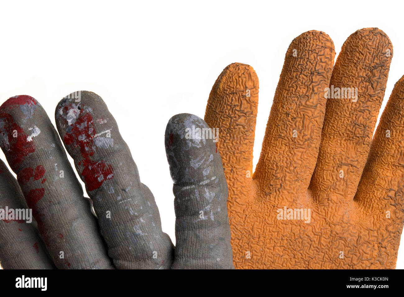 Isolated workers hands shaking hands and wearing gloves. Stock Photo
