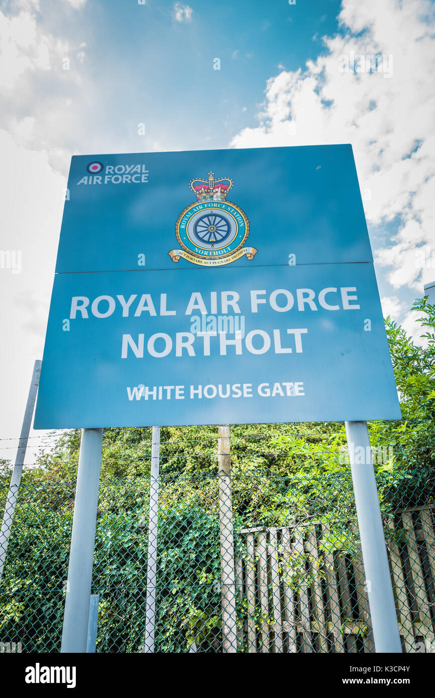 Entrance sign to Royal Air Force Northolt, White House Gate, South Ruislip, London Borough of Hillingdon, London, UK. Stock Photo