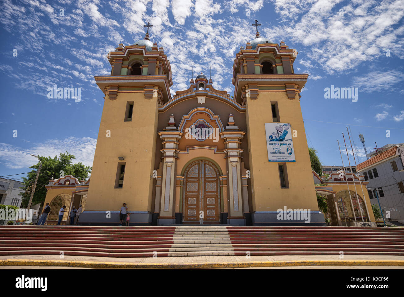 March 19, 2017 Tumbes, Peru: church in the centre of the tropical town known for the finest beaches of the country Stock Photo
