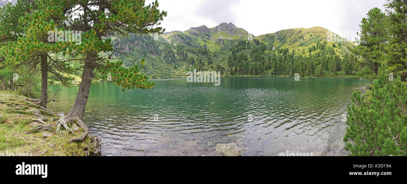 Beautiful secluded mountain lake with turquoise crystal clear water surrounded by forest. Picturesque landscape panorama. Scheibelsee, Austria. Stock Photo