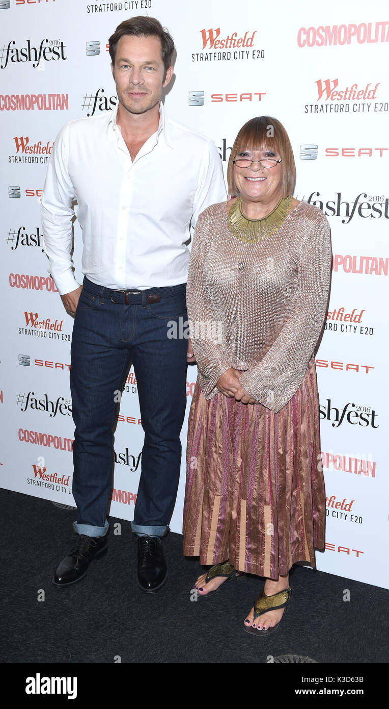 Photo Must Be Credited ©Alpha Press 079965 15/09/2016 Paul Sculfor and Hilary Alexander Cosmopolitan FashFest 2016 Old Billinsgate Walk London Stock Photo