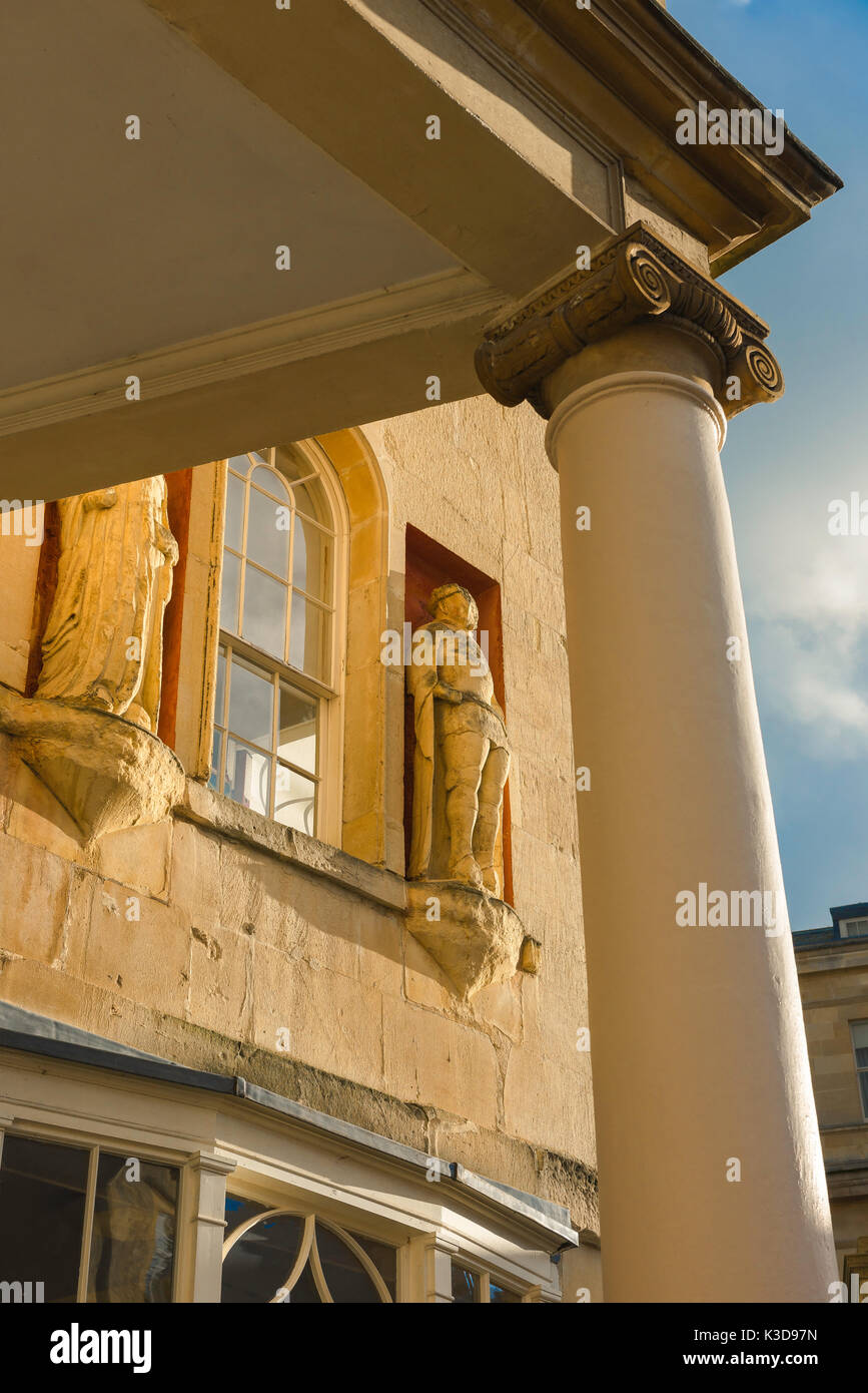 Bath city UK architecture, detail of a neoclassical colonnade at the western end of Bath Street in the centre of the city of Bath, Somerset, England. Stock Photo