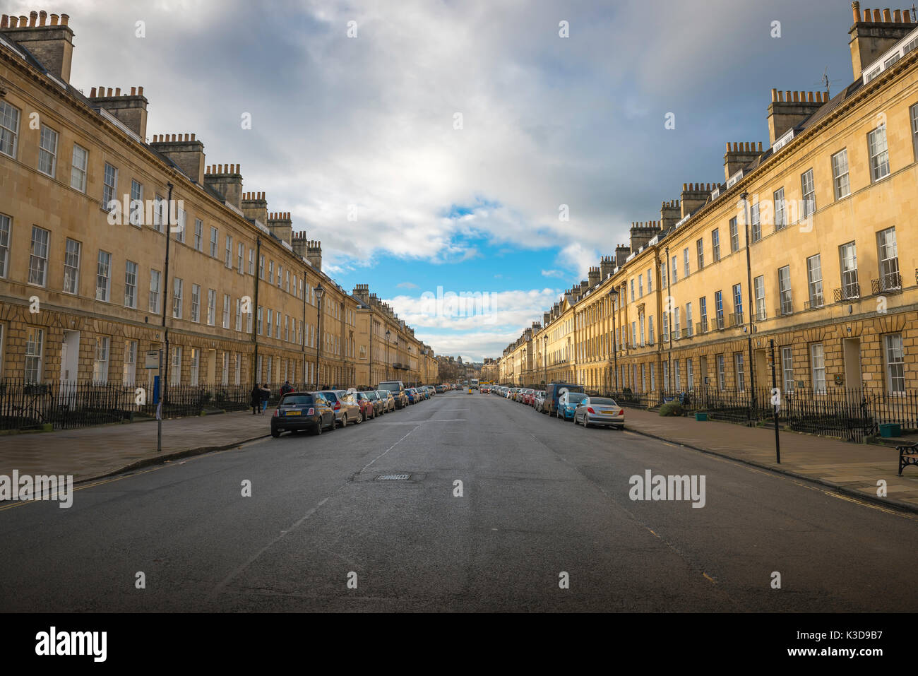 Great Pulteney Street Bath UK, view of Great Pulteney Street, containing a double row of some of the finest domestic Georgian property in England. Stock Photo