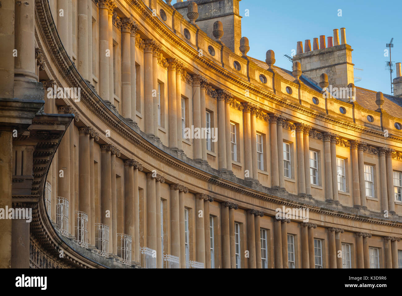 Bath England, detail of The Circus, a set of three curved Georgian terraced buildings that form a complete circlular space in the city of Bath UK. Stock Photo