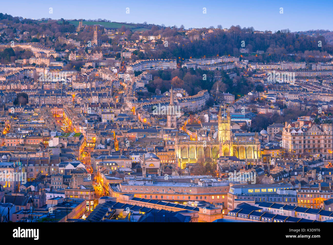 Bath city UK, aerial view of the city of Bath at twilight on a winter evening, Somerset, England, UK Stock Photo