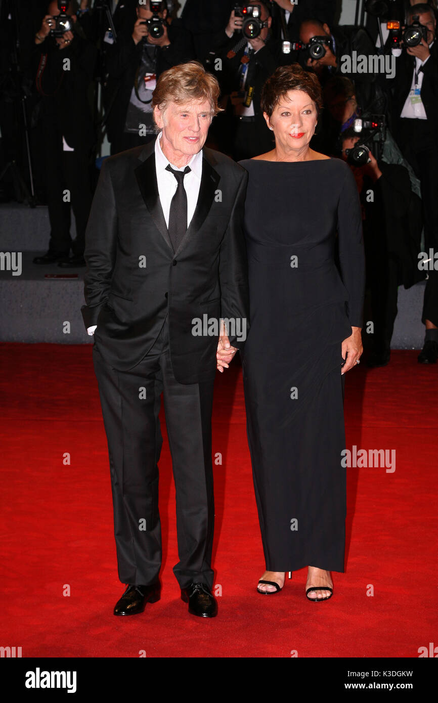 VENICE, ITALY - SEPTEMBER 01: Robert Redford and Sibylle Szaggars walk the red carpet ahead of the 'Our Souls At Night' screening during the 74th Veni Stock Photo