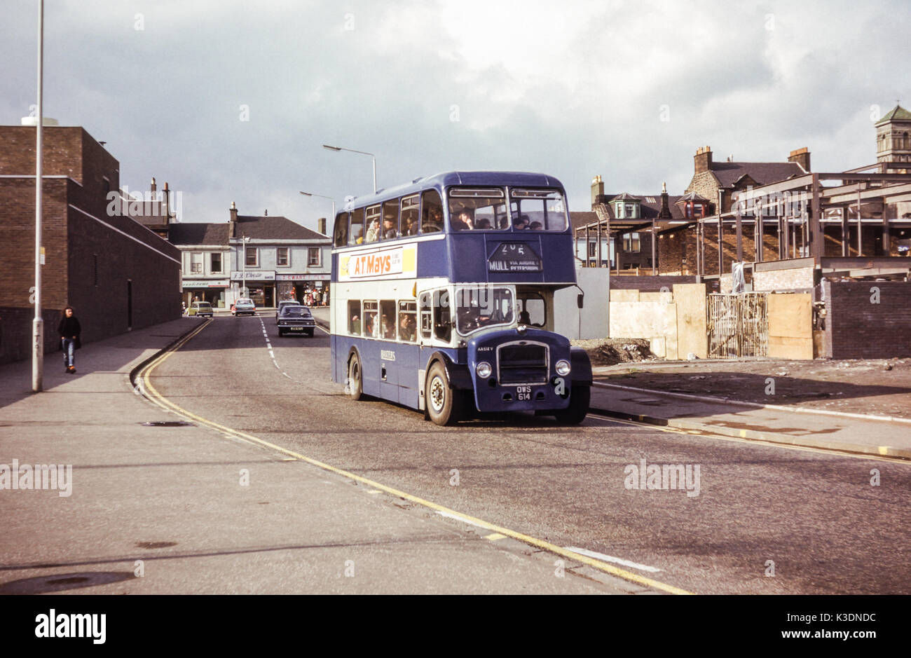Scotland, UK - 1973: Vintage image of bus operating in 1973.  Bristol Lodekka LD6G / ECW 9498 AA614 operated by Baxters (registration number OWS 614). Stock Photo