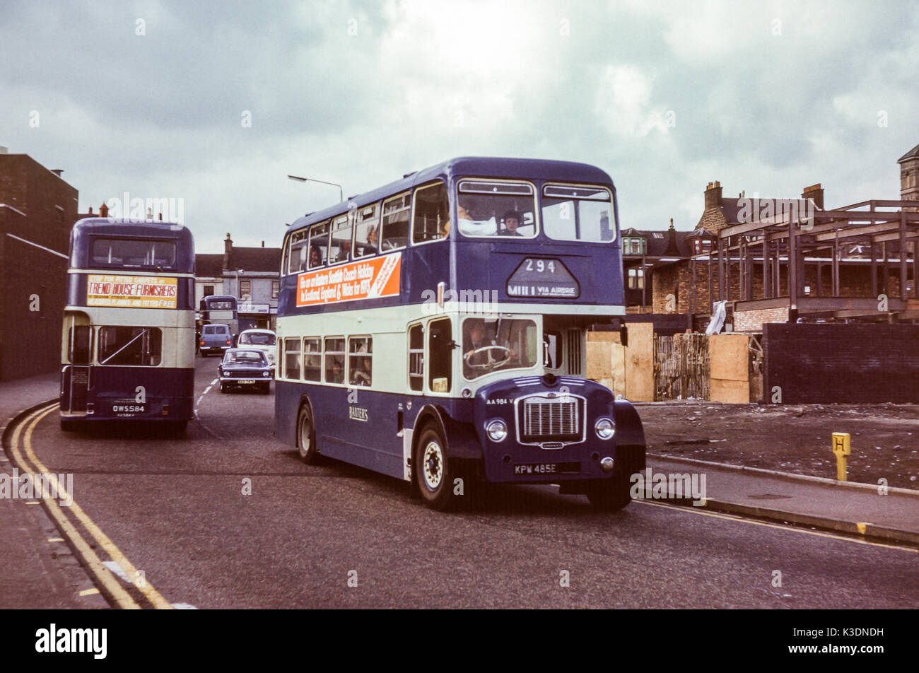 Scotland, UK - 1973: Vintage image of bus operating in 1973. Baxters Bristol Lodekka FLF6G /ECW AA984 (registration number KPW 485E). Stock Photo