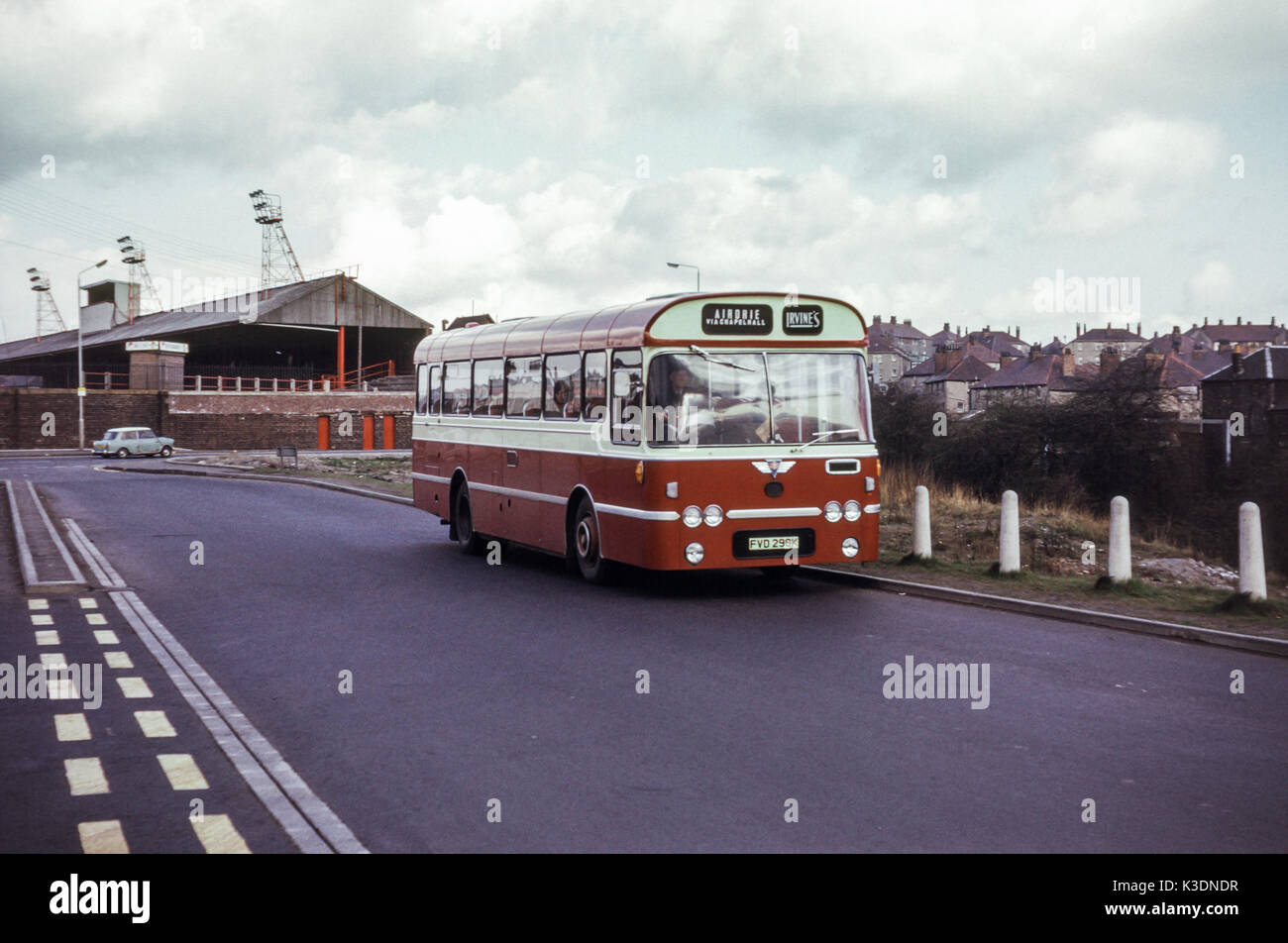 Scotland, UK - 1973: Vintage image of buses operating in 1973. Irvine AEC Reliance (registration FVD 298K). Stock Photo